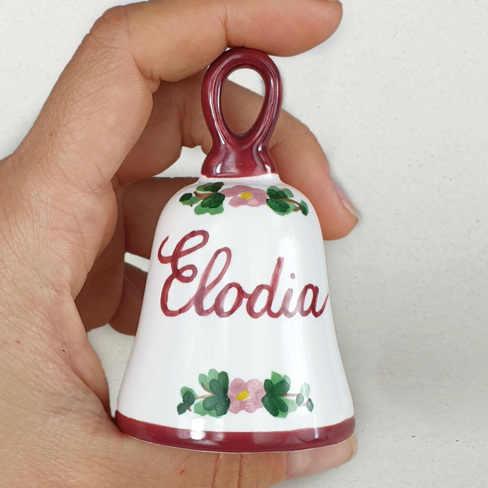 Campanella-classic-bordeaux-fiori-rosa-mano Campanella personalizzata in ceramica artigianale